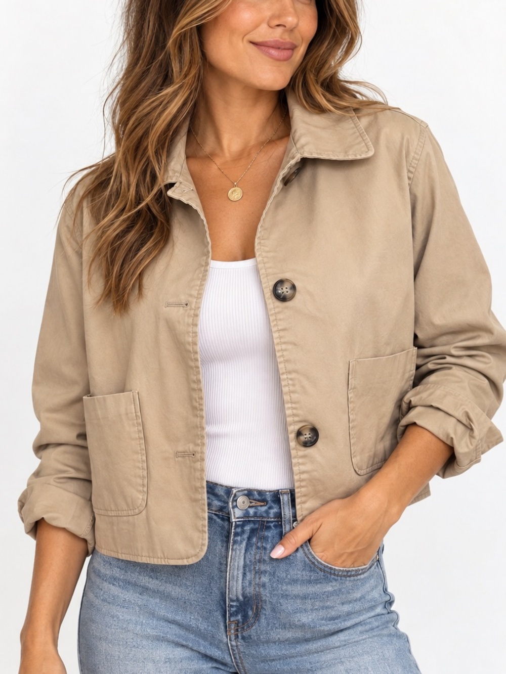 H&M Tan Cropped Utility Jacket Button Front Patch Pockets Beige Size Small